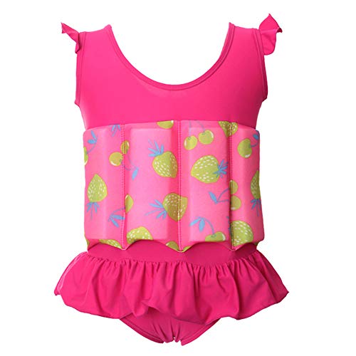 IDOPIP Kids Baby Girls Float Suit Strawberry Floatation Swimsuit with Adjustable Buoyancy Bathing Swimwear Toddler One Piece Swimming Suit Summer Flutter Sleeve Vest Ruffle Tutu Swim Dress Hot Pink 2-3T - Image 2