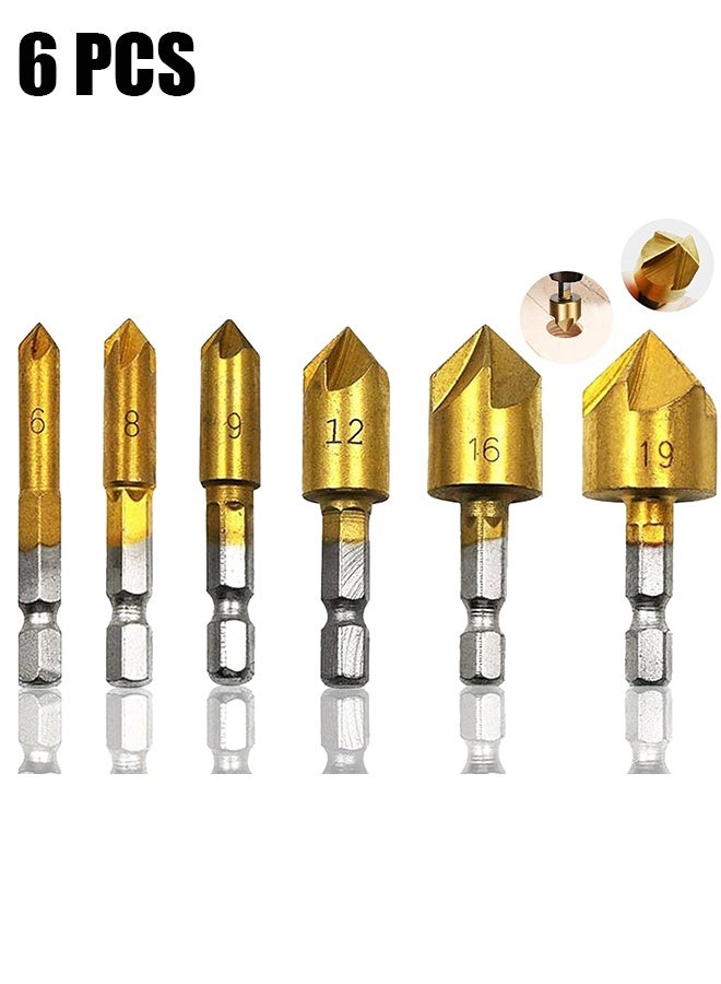 HY Countersink Drill Bit, Countersink Drill Bit Set 6 Pcs 1/4'' Hex Shank HSS 5 Flute Countersink 90 Degree Center Punch Tool Sets for Wood Quick Change Bit 6mm-19mm - Image 1