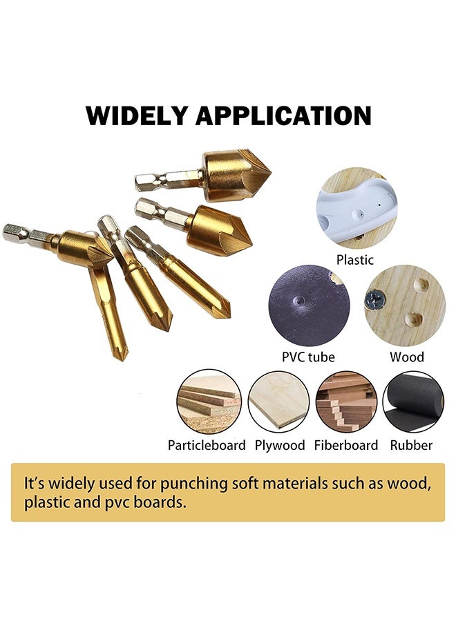 HY Countersink Drill Bit, Countersink Drill Bit Set 6 Pcs 1/4'' Hex Shank HSS 5 Flute Countersink 90 Degree Center Punch Tool Sets for Wood Quick Change Bit 6mm-19mm - Image 4