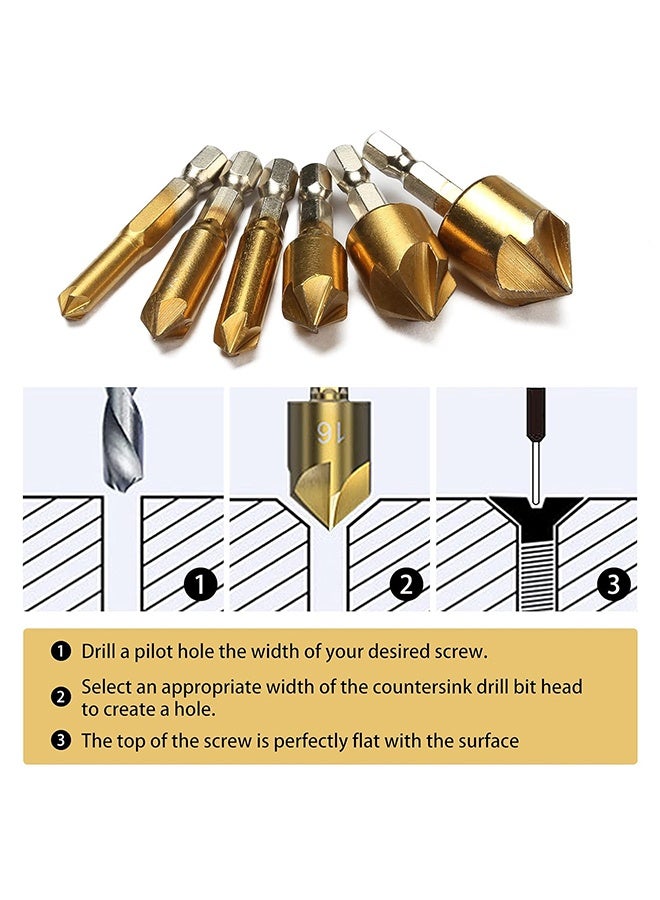HY Countersink Drill Bit, Countersink Drill Bit Set 6 Pcs 1/4'' Hex Shank HSS 5 Flute Countersink 90 Degree Center Punch Tool Sets for Wood Quick Change Bit 6mm-19mm - Image 3