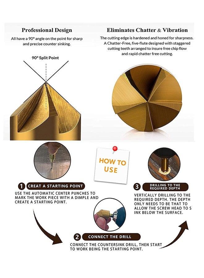 HY Countersink Drill Bit, Countersink Drill Bit Set 6 Pcs 1/4'' Hex Shank HSS 5 Flute Countersink 90 Degree Center Punch Tool Sets for Wood Quick Change Bit 6mm-19mm - Image 5