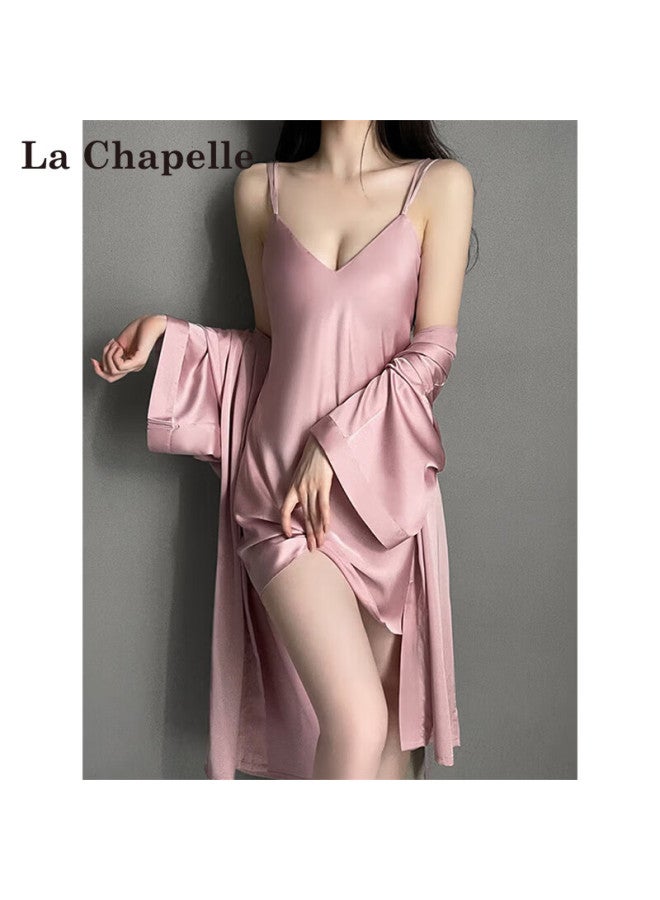 La Chapelle Women's Camisole Pajamas Spring And Autumn Ice Silk Camisole With Chest Pad Nightdress Short Sleeve Robe Lace Skirt Set Loungewear - Image 5