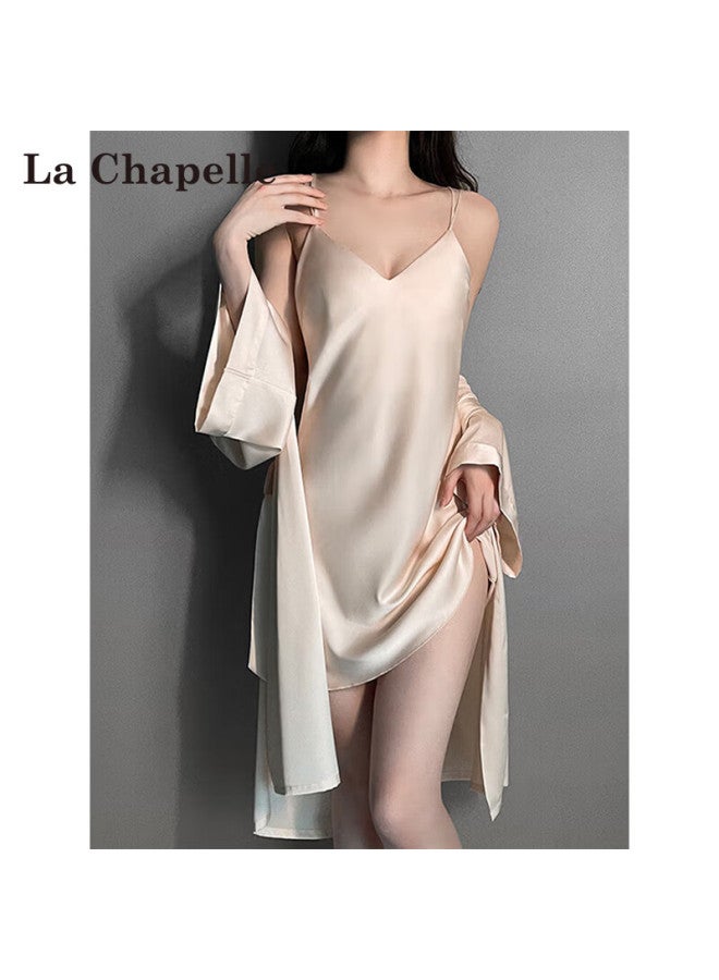 La Chapelle Women's Camisole Pajamas Spring And Autumn Ice Silk Camisole With Chest Pad Nightdress Short Sleeve Robe Lace Skirt Set Loungewear - Image 1