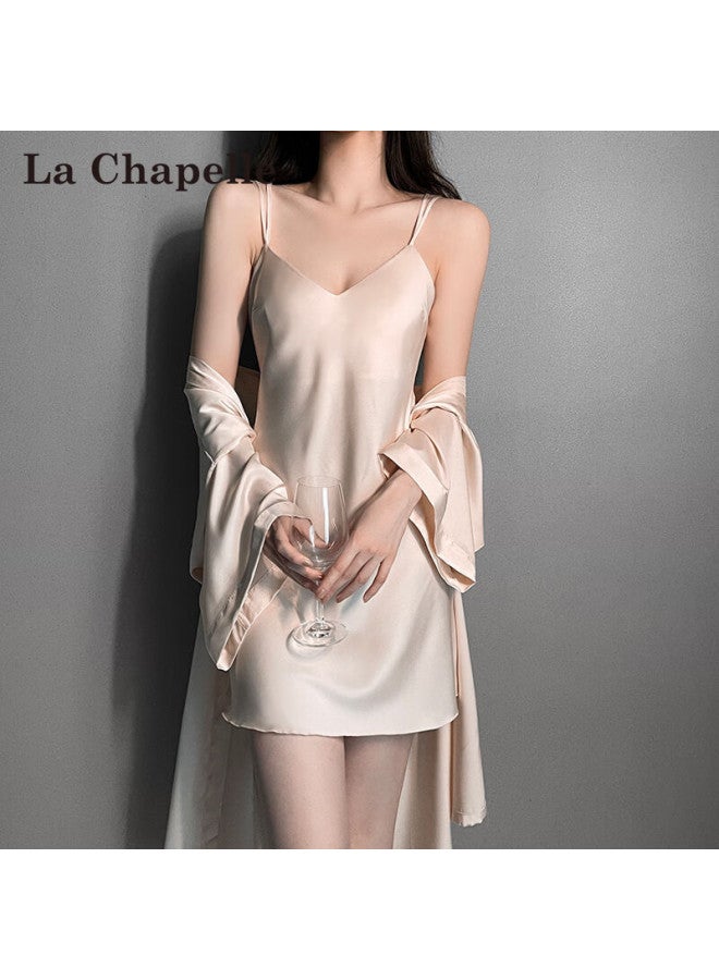 La Chapelle Women's Camisole Pajamas Spring And Autumn Ice Silk Camisole With Chest Pad Nightdress Short Sleeve Robe Lace Skirt Set Loungewear - Image 3