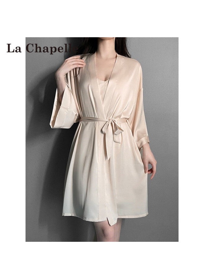 La Chapelle Women's Camisole Pajamas Spring And Autumn Ice Silk Camisole With Chest Pad Nightdress Short Sleeve Robe Lace Skirt Set Loungewear - Image 2