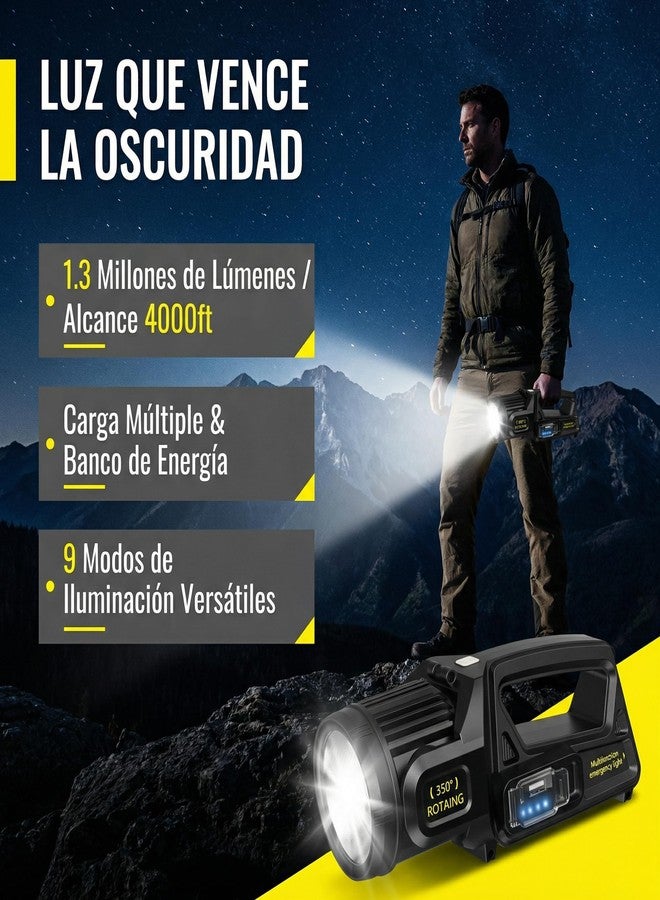LETOUR 1300000 L Spotlight, Rechargeable Led Spotlight Flashlight with 350° Rotate Head, 9 Modes Super Bright Spot Lights Outdoor Handheld, IPX6 Waterproof Solar Flashlight for Emergencies - Image 4