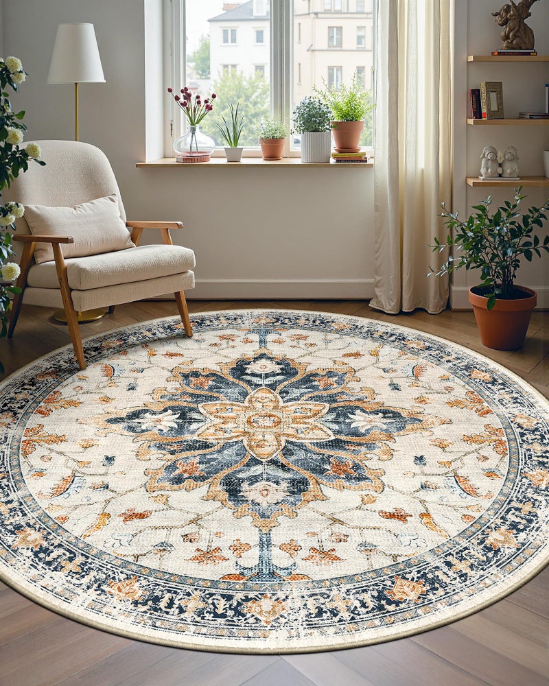 RELEANY Area Rugs 6ft Washable NonSlip Floral Vintage Distress Print Pattern Medallion Carpet for Living Room Bedroom Dining Room Beige Navy Blue Orange Colorful