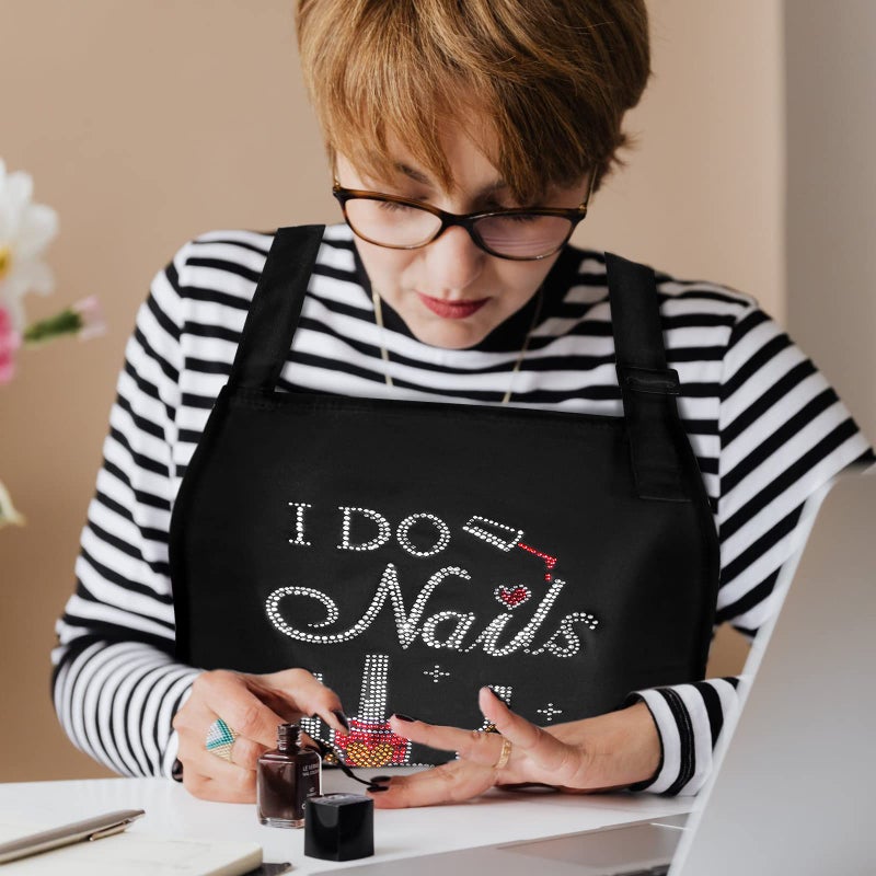 SATINIOR Christmas I Do Nails Nail Tech Cosmetology Apron with Colorful Rhinestone 2 Pieces Waterproof Nail Apron (Hot Drilling Pattern) - Image 4