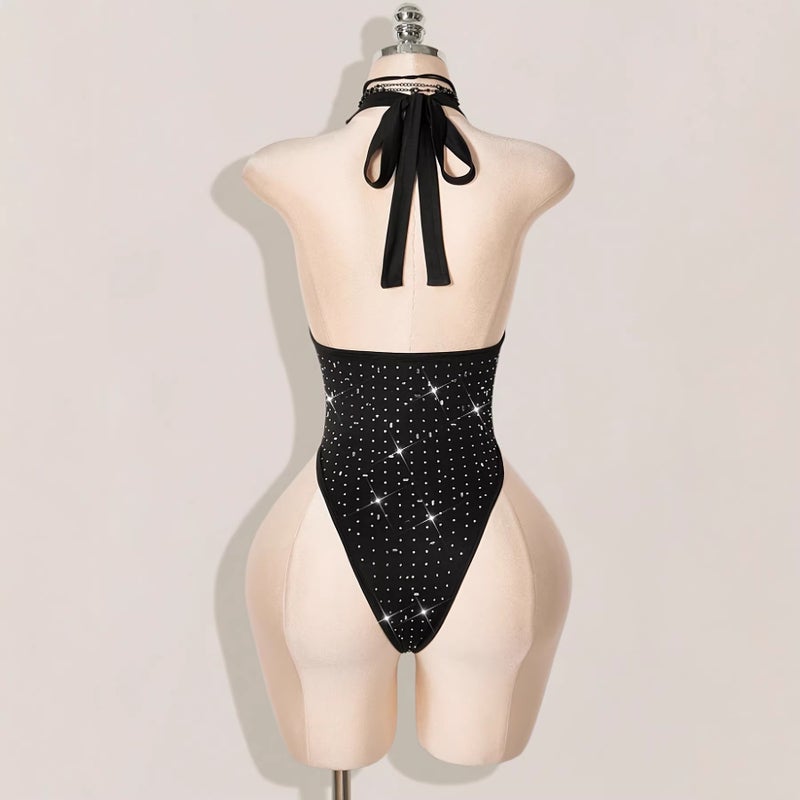 Women's Sequin and Rhinestone Deep V-Neck Halter Jumpsuit - Image 2