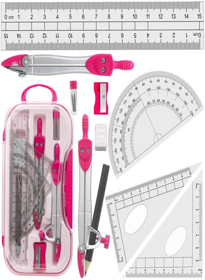 Akuoly Geometry Set Maths Compasses for Grade Students Back to School Supplies with Compasses Protractor in Carry Case, Pink - Image 1