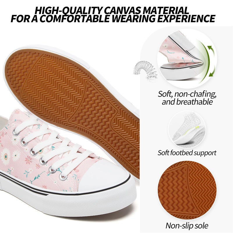 Adokoo Canvas Tennis Shoes for Women Low Top Casual White Pink Flower Sneakers for Women Lace Up Fashion Comfortable Walking Shoes (Pink Flower,9.5) - Image 4