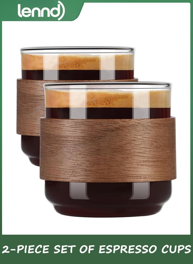 لينند Espresso Cups Set of 2 with Wooden Ring, 142ML High Borosilicate Espresso Shot Glass, Clear Small Expresso Shots Cup, Espresso Accessories  - Image 1