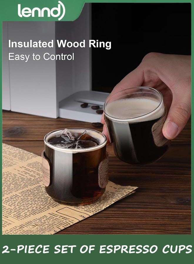 لينند Espresso Cups Set of 2 with Wooden Ring, 142ML High Borosilicate Espresso Shot Glass, Clear Small Expresso Shots Cup, Espresso Accessories  - Image 2