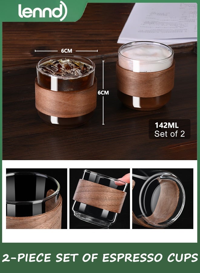 لينند Espresso Cups Set of 2 with Wooden Ring, 142ML High Borosilicate Espresso Shot Glass, Clear Small Expresso Shots Cup, Espresso Accessories  - Image 3