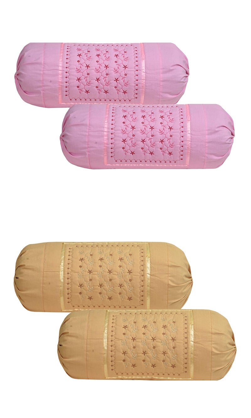 HSR Collection Embroidered 100% Cotton 4 Piece Bolster Covers (Pink & Beige) - Image 4