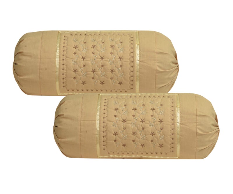 HSR Collection Embroidered 100% Cotton 4 Piece Bolster Covers (Pink & Beige) - Image 3