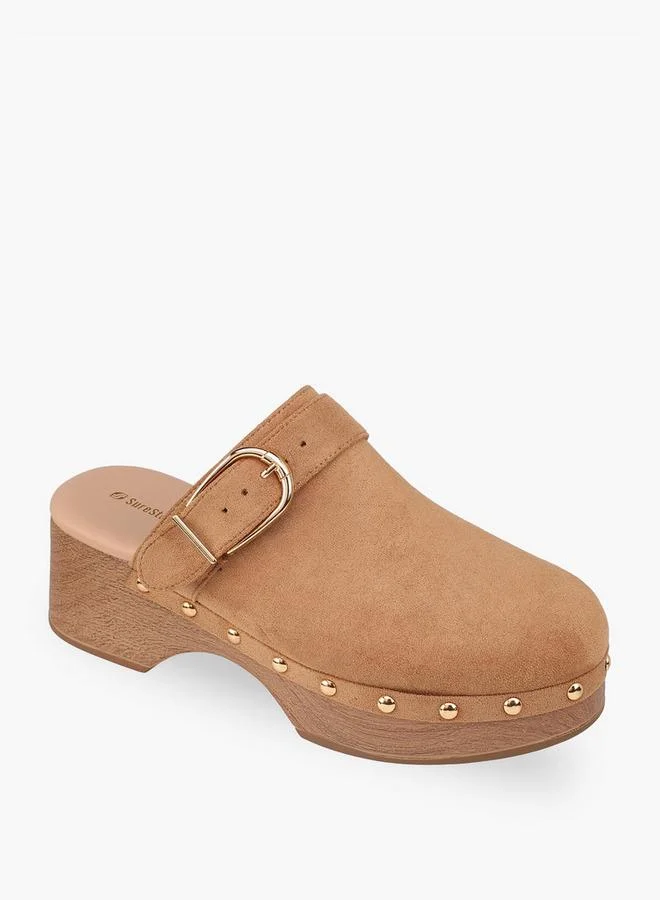 Surestep BEIGE Women Buckle Detail Block Heel Mules for Women | Best Price UAE