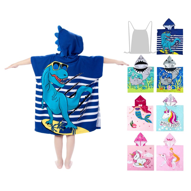 growell Hooded Kids Beach Towels - Toddler Bath Towel Girls Boys Swim Cover-ups for Ages 4 to 10 Kids Pool Towels Quick Dry Lightweight Soft Microfiber Poncho 30x30 with Bag (Navy Dinosaur) - Image 1