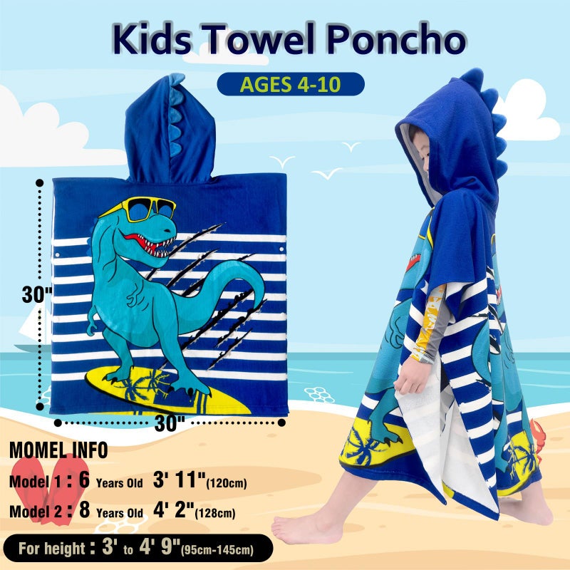 growell Hooded Kids Beach Towels - Toddler Bath Towel Girls Boys Swim Cover-ups for Ages 4 to 10 Kids Pool Towels Quick Dry Lightweight Soft Microfiber Poncho 30x30 with Bag (Navy Dinosaur) - Image 4