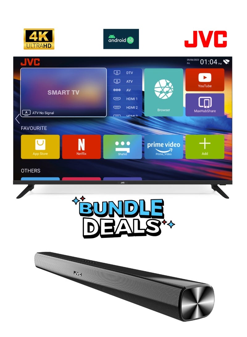 JVC 65 Inch Edgeless 4K UHD Android 14 Smart TV With Bluetooth, Dolby Audio and 2.0ch Soundbar - LT-65N675+ Soundbar LT-65N675 + Soundbar black - Image 1