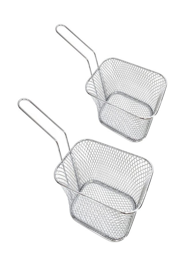 Jilukibo Silver Mini French Fries Basket Net, Stainless Steel Square Fry Chips Filter, Chicken Wings Fried Food Table Serving Holder for Kitchen Restaurant Party Barbecue (2 Pack with different size) - Image 1