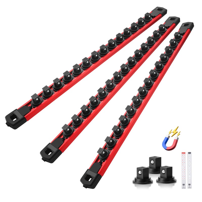 Reniteco Magnetic Socket Organizer Set, 3PC 3/8-Inch Drive Aluminum Alloy Socket Rail, Heavy Duty Magnetic Socket Holder for Tool Box Drawer, 360Â° Swivel Socket Rack, 3/8" x 42 Clips, Red - Image 1