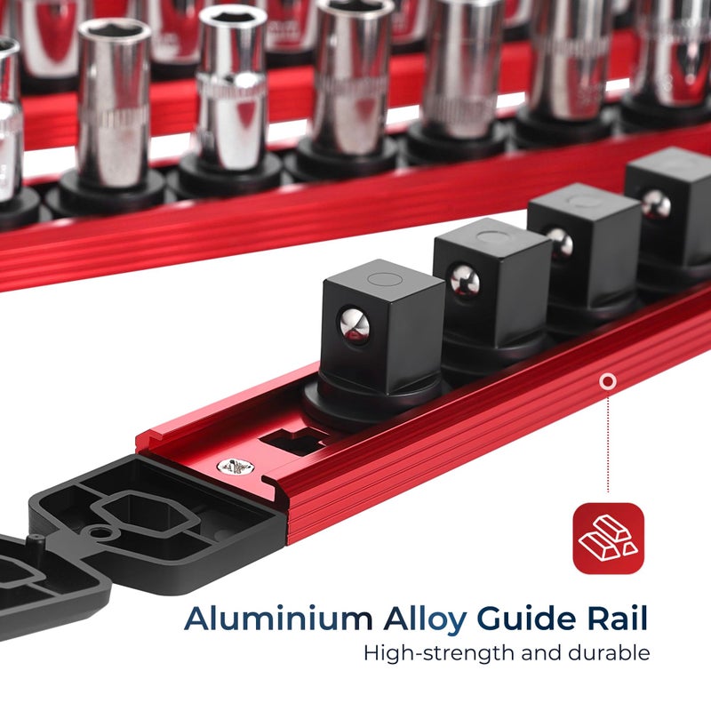 Reniteco Magnetic Socket Organizer Set, 3PC 3/8-Inch Drive Aluminum Alloy Socket Rail, Heavy Duty Magnetic Socket Holder for Tool Box Drawer, 360Â° Swivel Socket Rack, 3/8" x 42 Clips, Red - Image 4