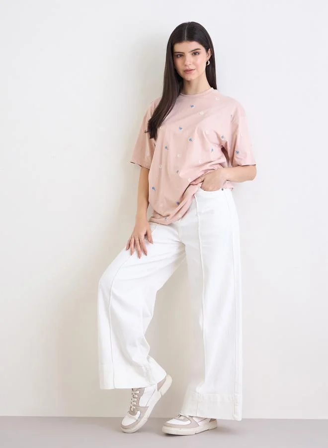 Styli Styli Light Pink Embroidered Oversized T-Shirt