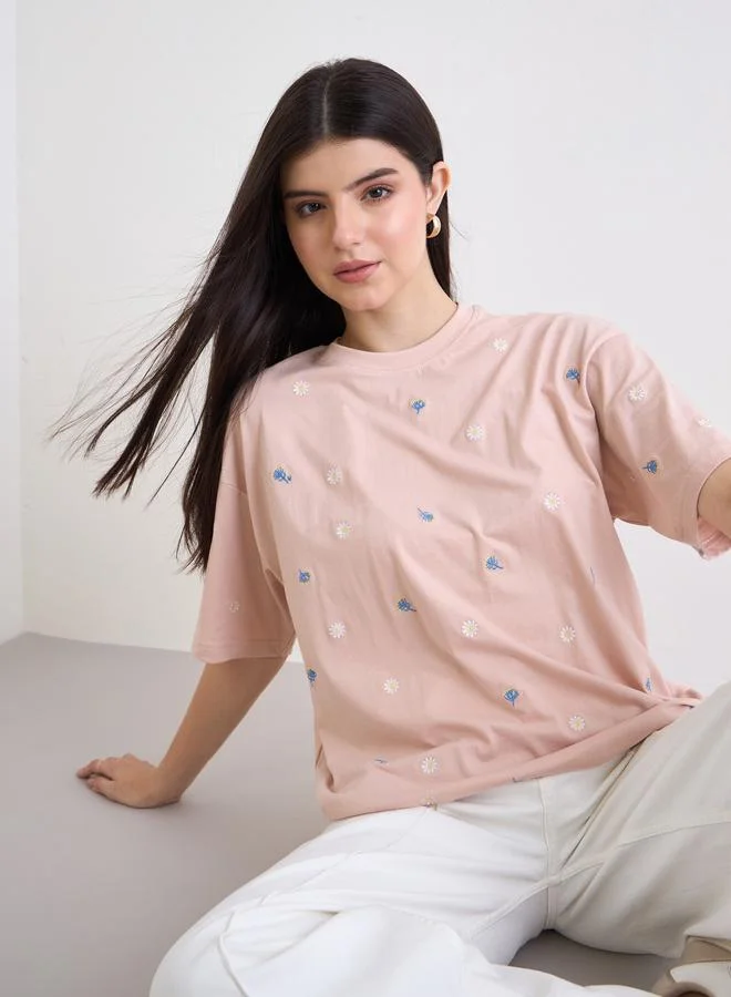 Styli Styli Light Pink Embroidered Oversized T-Shirt
