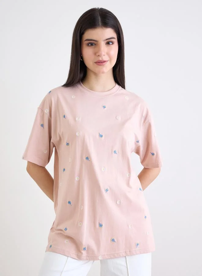 Styli Styli Light Pink Embroidered Oversized T-Shirt