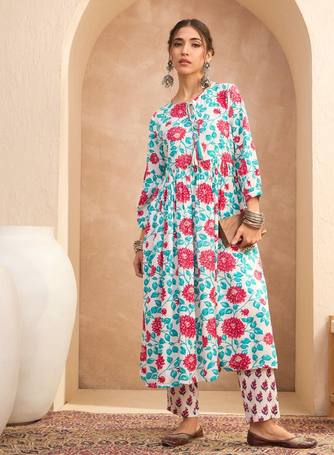SASSAFRAS Multi Floral Gathered Kurta and Pants Set - Image 1