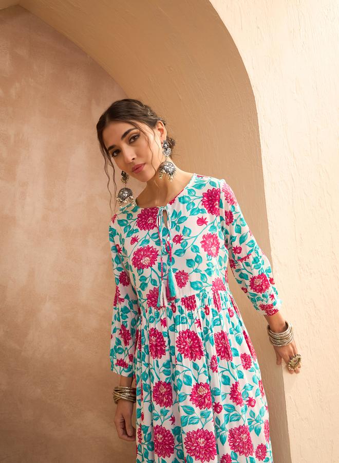SASSAFRAS Multi Floral Gathered Kurta and Pants Set - Image 3