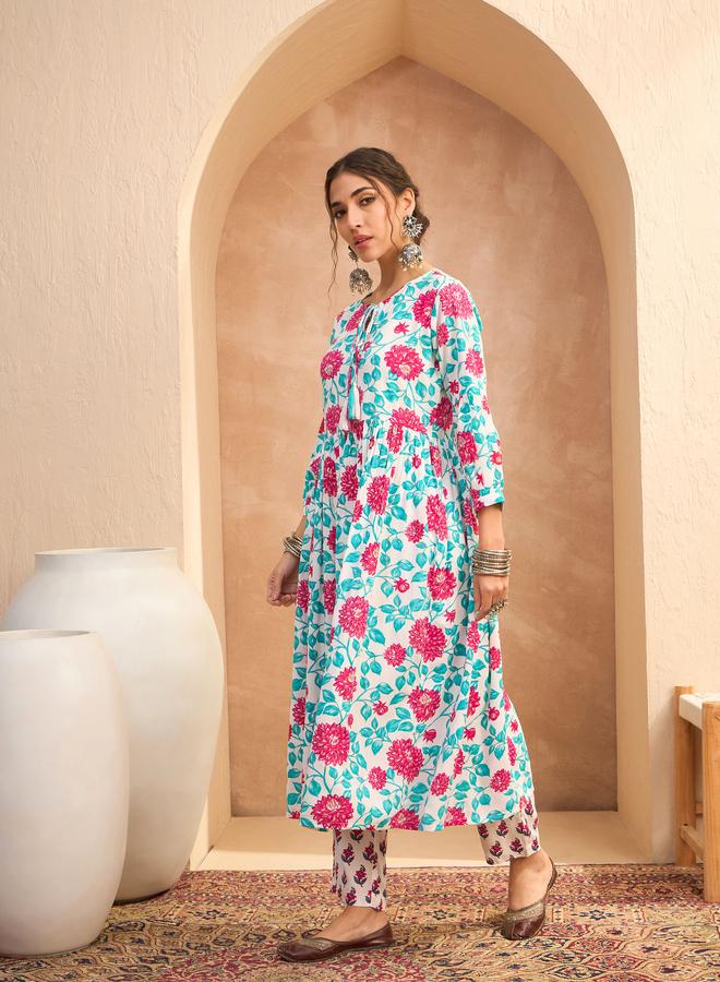 SASSAFRAS Multi Floral Gathered Kurta and Pants Set - Image 4
