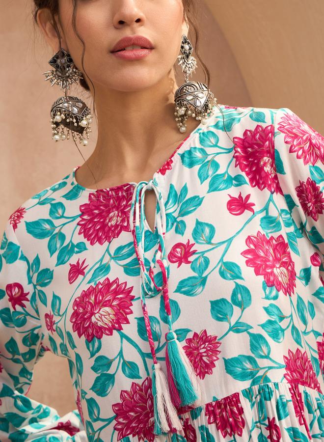 SASSAFRAS Multi Floral Gathered Kurta and Pants Set - Image 5