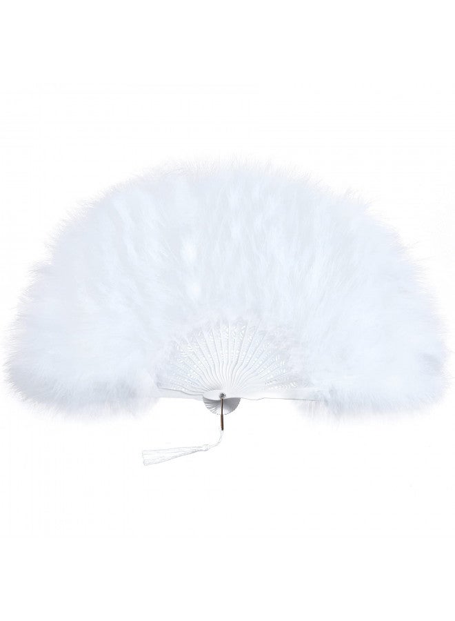 BABEYOND مروحة بابيوند من ريش المارابو 20s مروحة قابلة للطي عتيقة مروحة يد لعرض الرقص حفلة شاي زينة زفاف (بيضاء) - Image 1