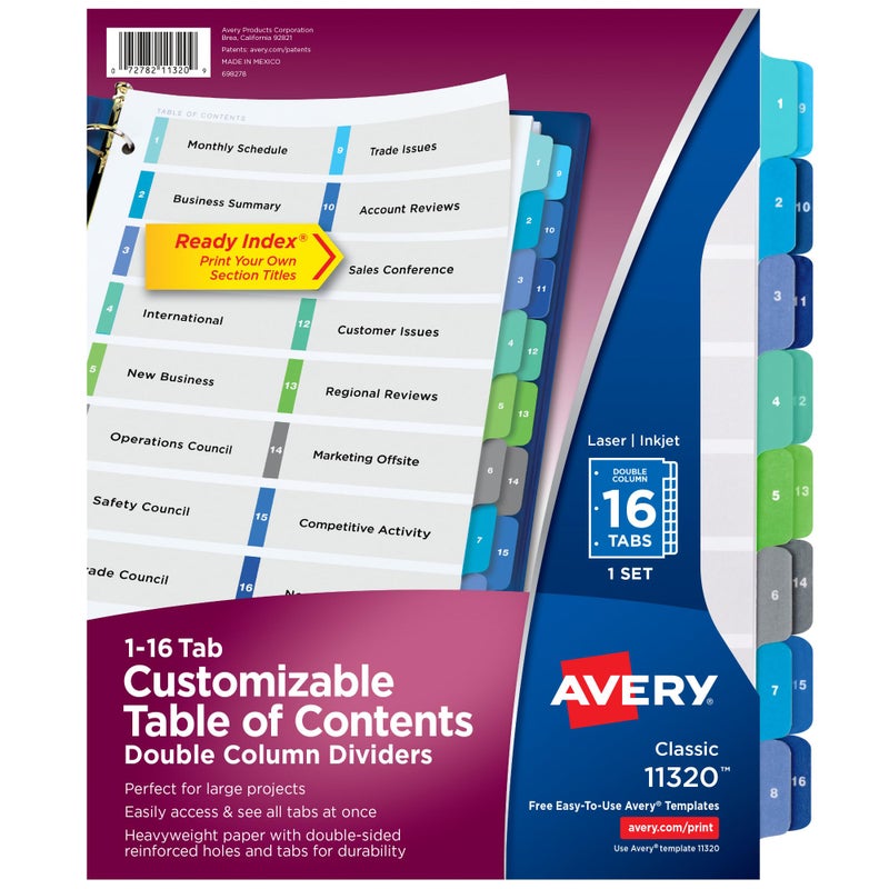 Avery Double Column Dividers for 3 Ring Binders, 16 Tabs per Set, Customizable Table of Contents, Multicolor Tabs, Great for Organizing Reports, Projects, and More (11320) - Image 1