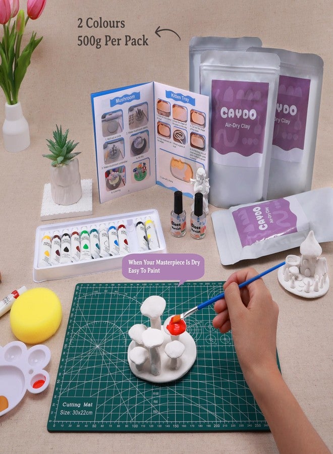 Caydo Air Dry Pottery Kit for Beginners and Adults - 4.4 Lbs DIY Craft Set with Tools, Acrylic Paints, Varnish, Clay Stick, Paintbrushes and Step-by-Step Guide - Ideal Pottery Gift - Image 3