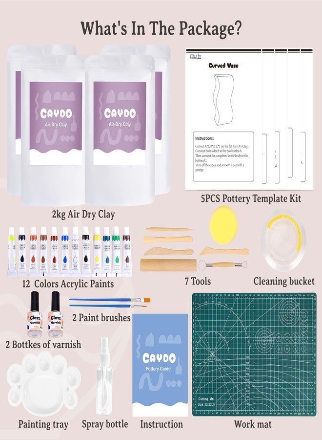 Caydo Air Dry Pottery Kit for Beginners and Adults - 4.4 Lbs DIY Craft Set with Tools, Acrylic Paints, Varnish, Clay Stick, Paintbrushes and Step-by-Step Guide - Ideal Pottery Gift - Image 2