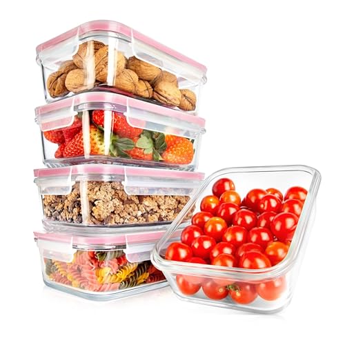 NutriChef 10Piece Glass Food Containers Stackable Superior Glass Mealprep Storage Containers Newly Innovated Leakproof Locking Lids wAir Hole FreezertoOvenSafe Red