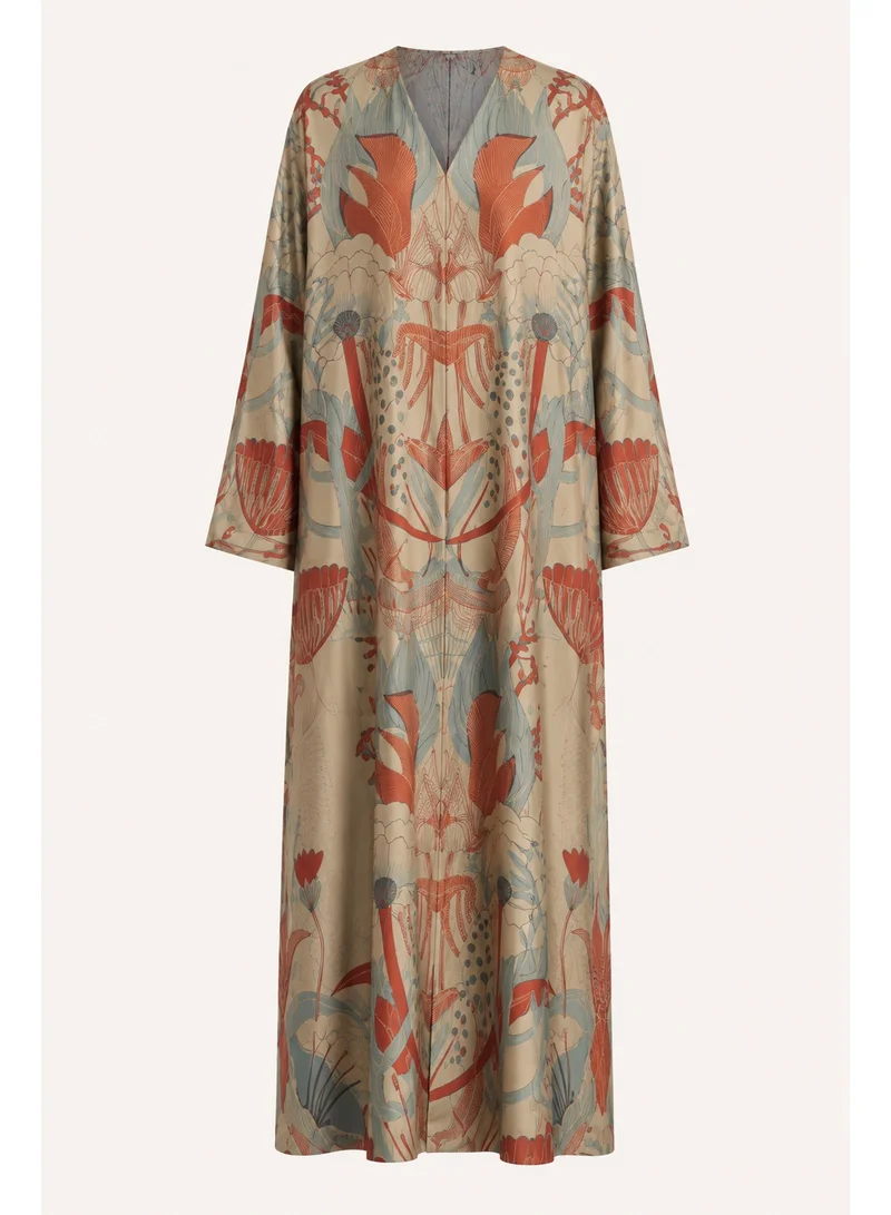 Amnad International Luxury Silk Abaya for Women with Matching Hijab, Botanical Floral Art Print, Modest Maxi Dress, Sizes 52-60 inches