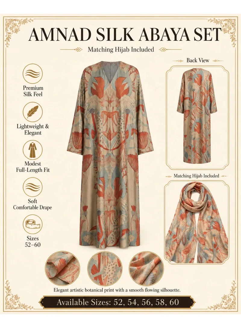 Amnad International  Luxury Silk Abaya for Women with Matching Hijab, Botanical Floral Art Print, Modest Maxi Dress, Sizes 52-60 inches for Women | Best Price UAE