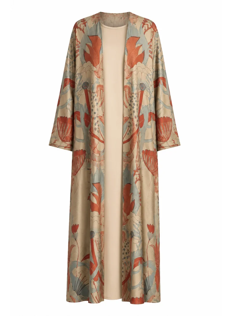Amnad International Luxury Silk Abaya for Women with Matching Hijab, Botanical Floral Art Print, Modest Maxi Dress, Sizes 52-60 inches