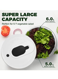 XiuWoo Large Salad Spinner 6L, Manual Lettuce Spinner for Vegetable Prepping, One Handed Pump Fruit Spinner, Quick Drying Salad Leaves with Bowl and Colander  - Image 4