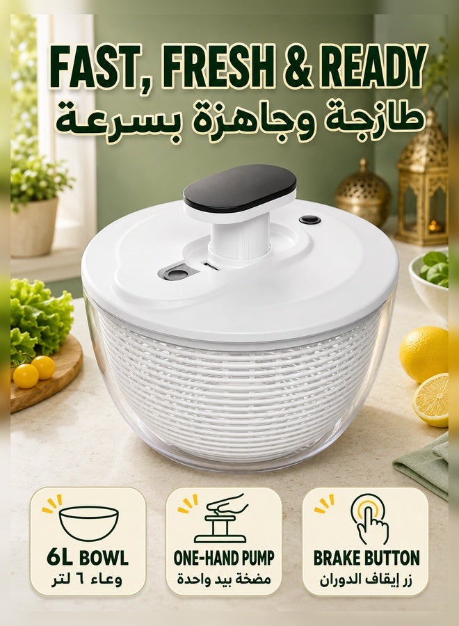XiuWoo Large Salad Spinner 6L, Manual Lettuce Spinner for Vegetable Prepping, One Handed Pump Fruit Spinner, Quick Drying Salad Leaves with Bowl and Colander - Image 1