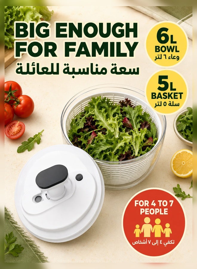 XiuWoo Large Salad Spinner 6L, Manual Lettuce Spinner for Vegetable Prepping, One Handed Pump Fruit Spinner, Quick Drying Salad Leaves with Bowl and Colander - Image 4