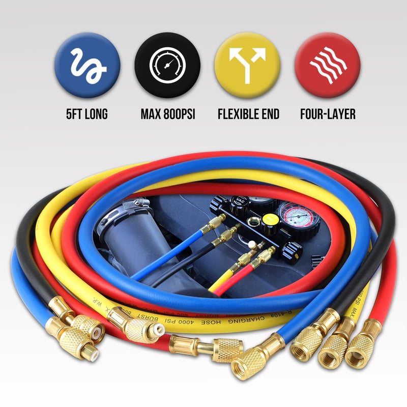 Lichamp عدادات HVAC مع الخراطيم، مجموعة عدادات مانيفولد AC R134A R410A R404A R22 لعدادات التبريد - Image 5