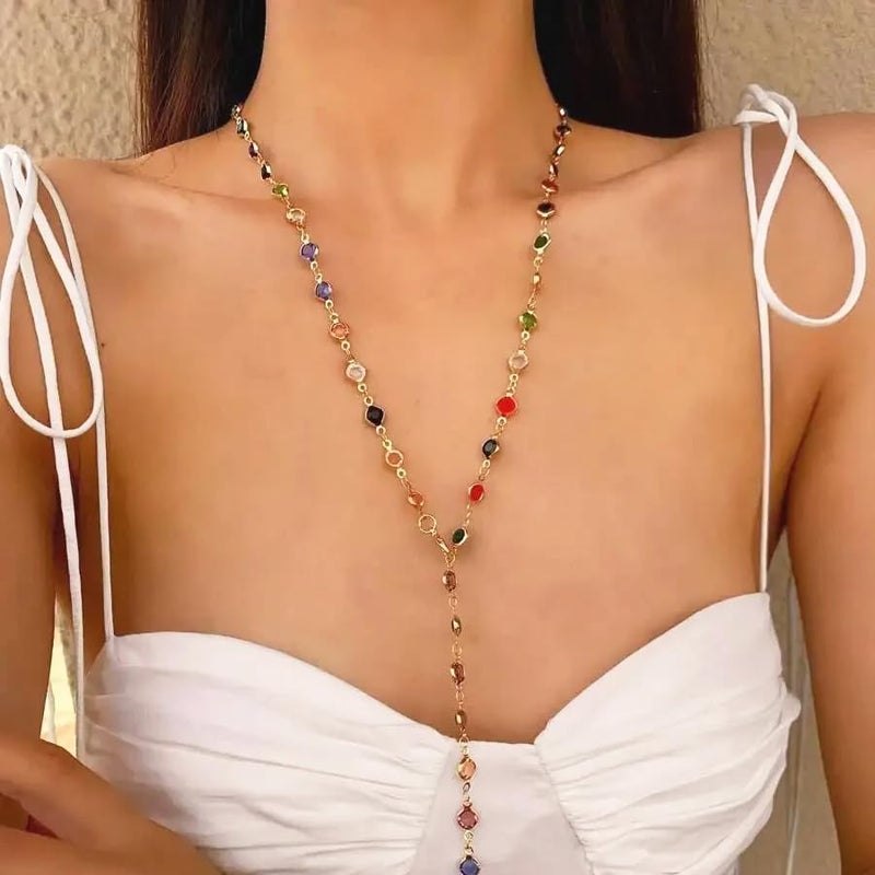 KURTCB Rhinestone Necklace for Women Boho Long Y Lariat Necklace Colorful Jewelry Sweater Party Summer Beach(Muliticolor) - Image 4