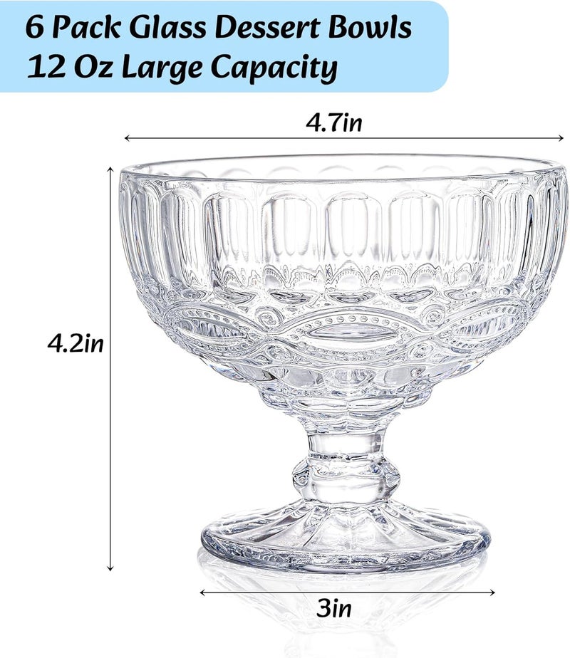 Youeon 6 Pcs Glass Ice Cream Bowls 12 Oz Large Glass Dessert Bowls Vintage Footed Sundae Cups Ice Cream Cups for Dessert Sundae Trifle Fruit Salad Snack Cocktail - Image 2