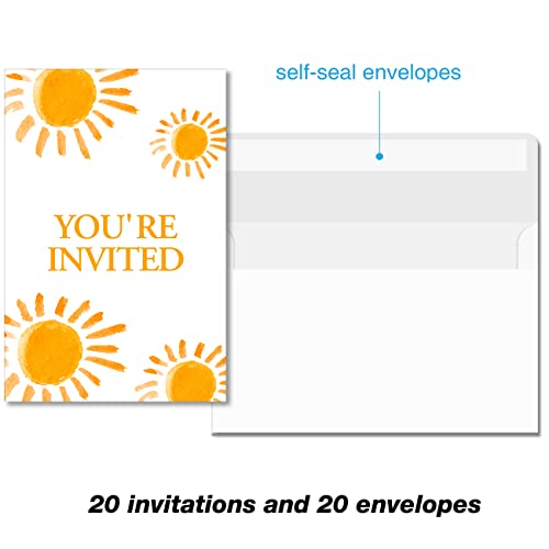 Soiceu Cute Sunshine First Trip Around the Sun 1st Birthday Party Invitations with Envelopes Set of 20 Boho Sun 1 Year Old First Birthday Party Invites - Image 3