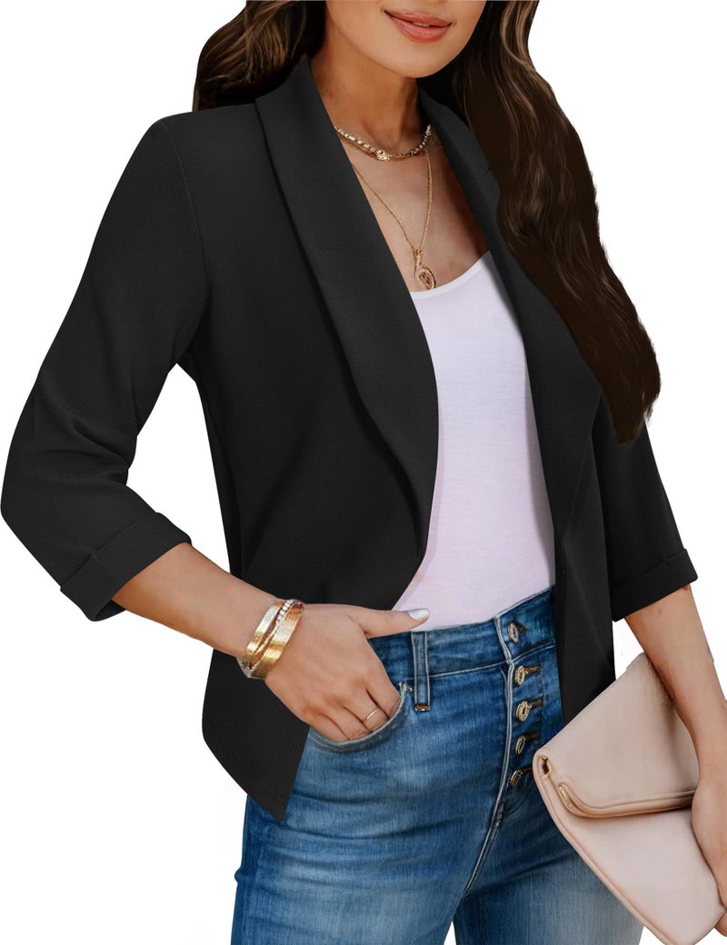 Tralilbee Women's 3/4 Sleeve Cropped Blazers Lightweight Open Front Cardigan Work Casual Tunics Style Office, Black, L - Image 1